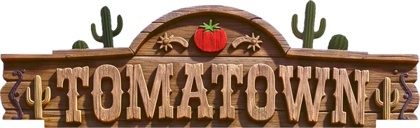Cartel de madera de Tomatown, con un tomate rojo encima del nombre